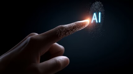 Finger touching digital fingerprint with AI text in neon lights