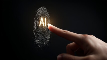 Finger touching digital fingerprint with AI text in neon lights