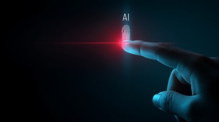 Finger touching digital fingerprint with AI text in neon lights