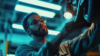 Obraz premium Man Inspecting Vehicle Undercarriage with Light in Auto Repair Shop