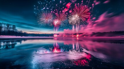 A colorful fireworks display mirrored on a frozen lake creating a dramatic winter scene