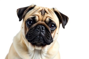 Fototapeta premium Adorable pug dog, isolated on pure white background, expression, pet portrait