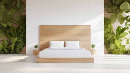 Modern, minimalist bedroom with wooden headboard and greenery