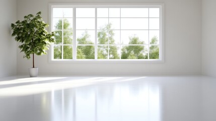 Bright Room Plant Minimalist Style High-resolution, Reflective Floor Wide shot, Sunlight accents Peaceful ambiance Empty space, Serene mood Ideal for real estate listings