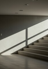 Fototapeta premium Modern minimalist staircase with natural light casting shadow for architecture, wall art, interior design background or real estate concept, space aesthetic