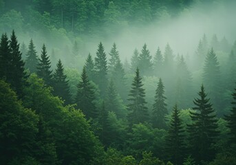Fototapeta premium Serene and Misty Evergreen Forest in the Appalachian Mountain. Natural Woodland Landscape for Relaxation, Meditation and Hiking Adventure Travel. Tranquil Background Wallpaper