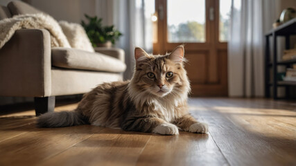 Cozy indoor setting featuring a beautiful cat lounging on wooden floor in the sunlight during the afternoon