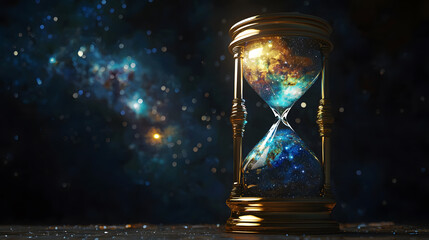 Eternal Time: A mesmerizing hourglass filled with the cosmos, showcasing the timeless beauty of the universe, against a backdrop of infinite space and starlight. 