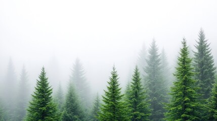 Tall evergreen trees stand in a misty forest. The trees are densely packed, creating a serene atmosphere. The image features soft, natural lighting, enhancing the peaceful mood. The color palette is