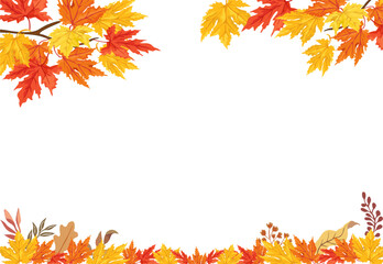 Autumn Leaves and tree branch natural background, design, cover, banner or template. Red, yellow and orange maple leaves fly and fall down. Fall foliage vector illustration isolated, white background.