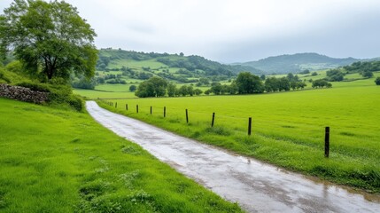 A winding country road leading through lush green fields, serene rural landscape with rolling hills, overcast sky, and peaceful countryside scene.