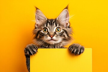 Isolated kitty on a solid dress code bright orange background. Funny kitty ad. Sign with kitten. Ð¡ute cat maine coon hold in front paws a prototype - large yellow alley sign. Cat in ad conce.
