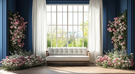 Fototapeta premium Interior room displays a sofa framed by floral arrangements and large window