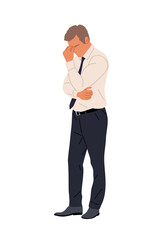 Thinking business man. Confused man in doubts, solving some serious problems. Puzzled pensive male character with thoughtful pose. Vector flat illustration isolated