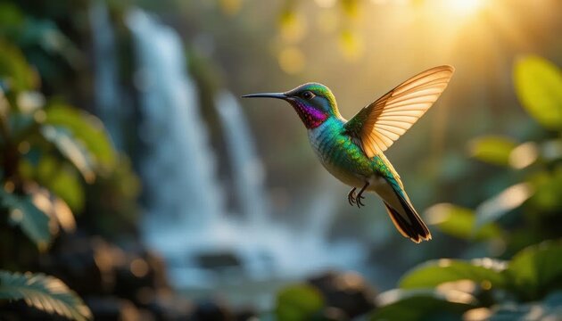 Iridescent hummingbird in sunlit flight before misty waterfall, lush tropical foliage.
