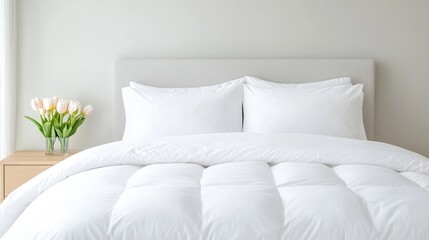 Obraz premium A fluffy white comforter covers a bed with two pillows. A bouquet of tulips sits on a nearby side table. The image is well-lit, high-resolution, and features a minimalist aesthetic. The scene is cal