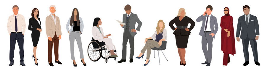 The diverse group of business people, entrepreneurs, or office workers isolated on white background. Multinational and multiracial business team. Flat cartoon vector realistic illustration.