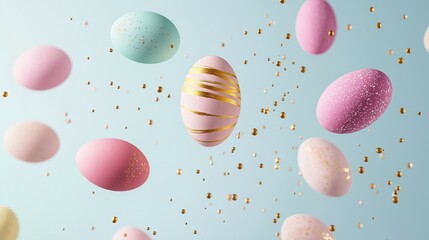 Pastel Easter eggs floating in the air surrounded by splashes of gold color. Creative Easter celebration concept.