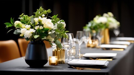 Luxury events gala dinner and elegant decor, A beautifully arranged dining table featuring elegant floral centerpieces, glassware, and gold accents, creating a sophisticated ambiance.