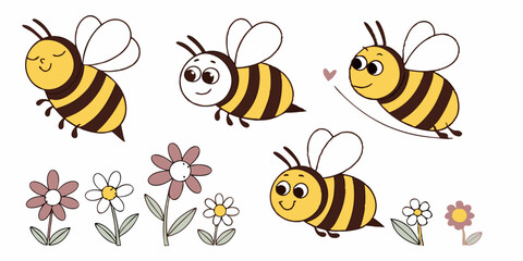Cute Cartoon Bees and Flowers Vector Illustration | Happy Smiling Bees Flying Around Pink White Flowers Spring Summer Garden Meadow Nature Floral Design Clip Art