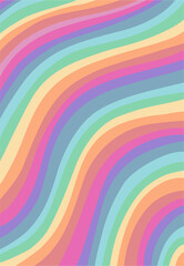 Abstract rainbow curved vertical background in trendy pastel mid century modern colors. Psychedelic swirl groovy template. Pastel retro wave wallpaper. Vector colorful design.
