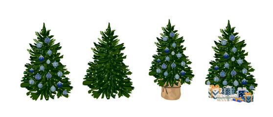 Set of Christmas tree with blue baubles and lights flat vector illustrations isolated. Wrapped presents near green spruce decorated. Winter holidays design elements. Traditional Xmas celebration. 
