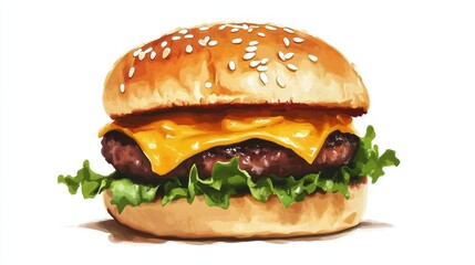 photo of a gourmet burger with melted cheese, fresh lettuce, and a sesame seed bun.