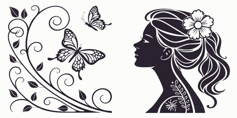 Elegant Woman Silhouette with Flower Butterfly Floral Vine B&W Vector Art