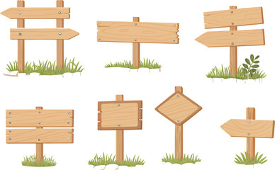 Collection of wooden directional signs with grass accents, ready for various uses.