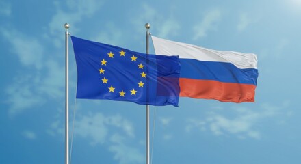 National Flags of the European Union and Russia Flying Side by Side Against a Clear Blue Sky