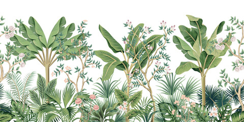 Tropical vintage botanical palm trees, banana tree, floral rose tree, green plants, flower, palm leaves seamless border white background. Exotic jungle wallpaper.