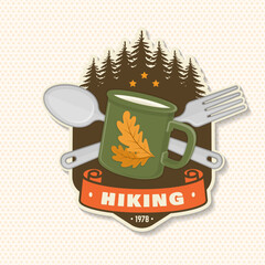 Hiking logo, badge, patch design. Concept for shirt or logo, print, stamp or tee with pin forest, coffee or tea mug, fork and spoon. Outdoor adventure. Vector