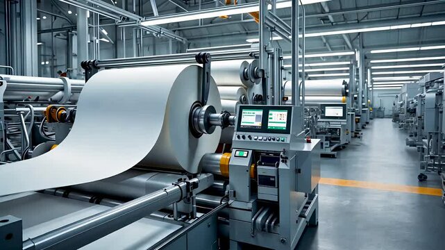 Paper roll production machine operating inside clean industrial factory floor