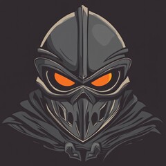 A mysterious figure with glowing eyes wearing a dark helmet
