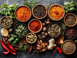 Vibrant Spice Collection Featuring Fresh Herbs And Natural Ingredients Arranged Aesthetically On A Dark Textured Surface For A Culinary Adventure