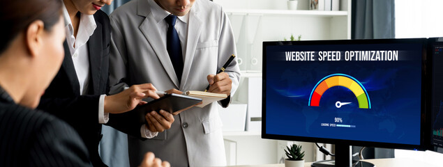 Computer software evaluating website loading speed. Concept of improving website loading speed...