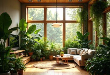 Fototapeta premium eco friendly home indoor plants solar panels green living sustainable design nature inspired environment, garden, vegetation, decoration, decor, width