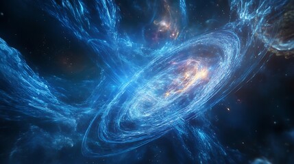 Nebula swirl of cosmic dust and gas illuminated with blue and gold light.