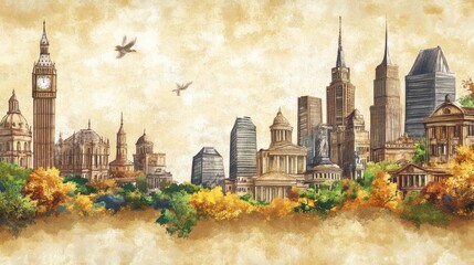 Skyline featuring historical landmarks with fall foliage, under a cloudy painted sky