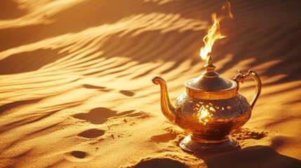 Magical Golden Lamp in Desert Sand at Sunset