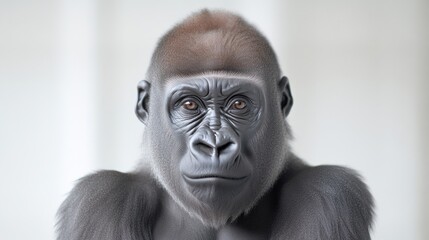 Obraz premium A young gorilla is shown in a close-up portrait. Its fur is predominantly gray, with a slightly lighter brown crown. The image is sharply focused, showing fine detail in the fur and facial features.
