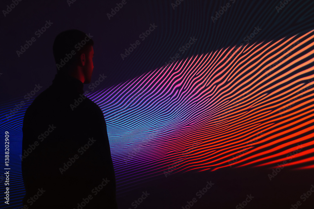 Poster man contemplating abstract display: an anonymous individual gazes intently at a dynamic display of u