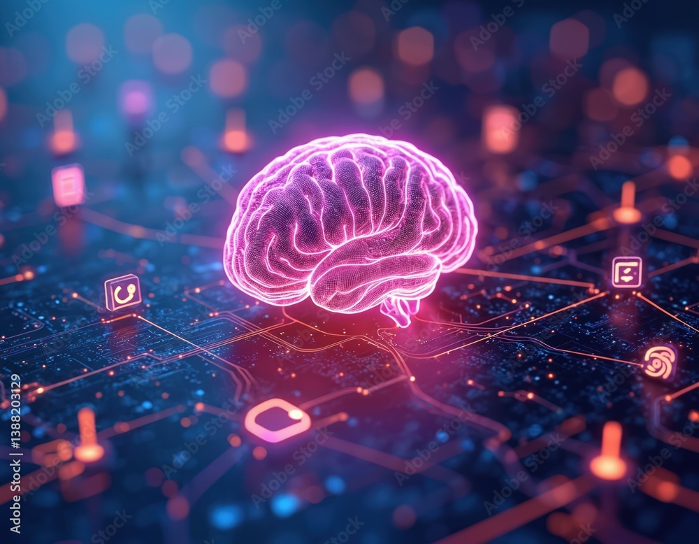Poster digital brain connected to multiple icons, representing ai tech. glowing data streams in background.