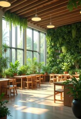 Fototapeta premium sustainable classroom design lush greenery eco friendly resources educational environment natural elements, nature, plants, workspace, lighting, wood, water