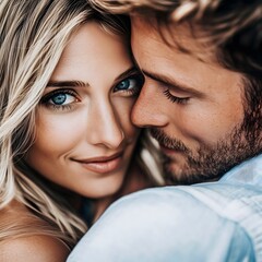 Close-up portrait of a loving couple hugging. Perfect for romantic cards, wedding invitations and projects related to love and relationships.