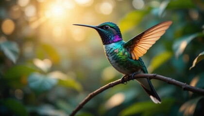 Fototapeta premium Iridescent Hummingbird Perched, Wings Ajar, Sunlit Foliage, Natural Light.