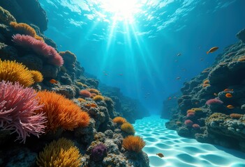 vibrant coral reef thriving colorful marine life underwater landscape nature habitat ecosystem biodiversity, fish, anemone, seahorse, seaweed, turtle, shell