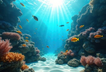 Obraz premium vibrant coral reef thriving underwater marine life colorful ecosystem sunlight reflections, fish, anemone, algae, biodiversity, octopus, seaweed, turtle