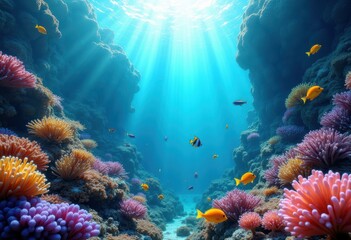Fototapeta premium vibrant coral reefs marine life colorful underwater ecosystem aquatic diversity sea flora fauna coral garden, fish, anemone, ocean, habitat, sand, scenery, silhouette