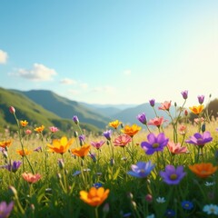 Obraz premium vibrant wildflowers brightly blooming untouched meadow under clear blue sky nature landscape, spring, color, petal, grass, floral, field, flora, blossom
